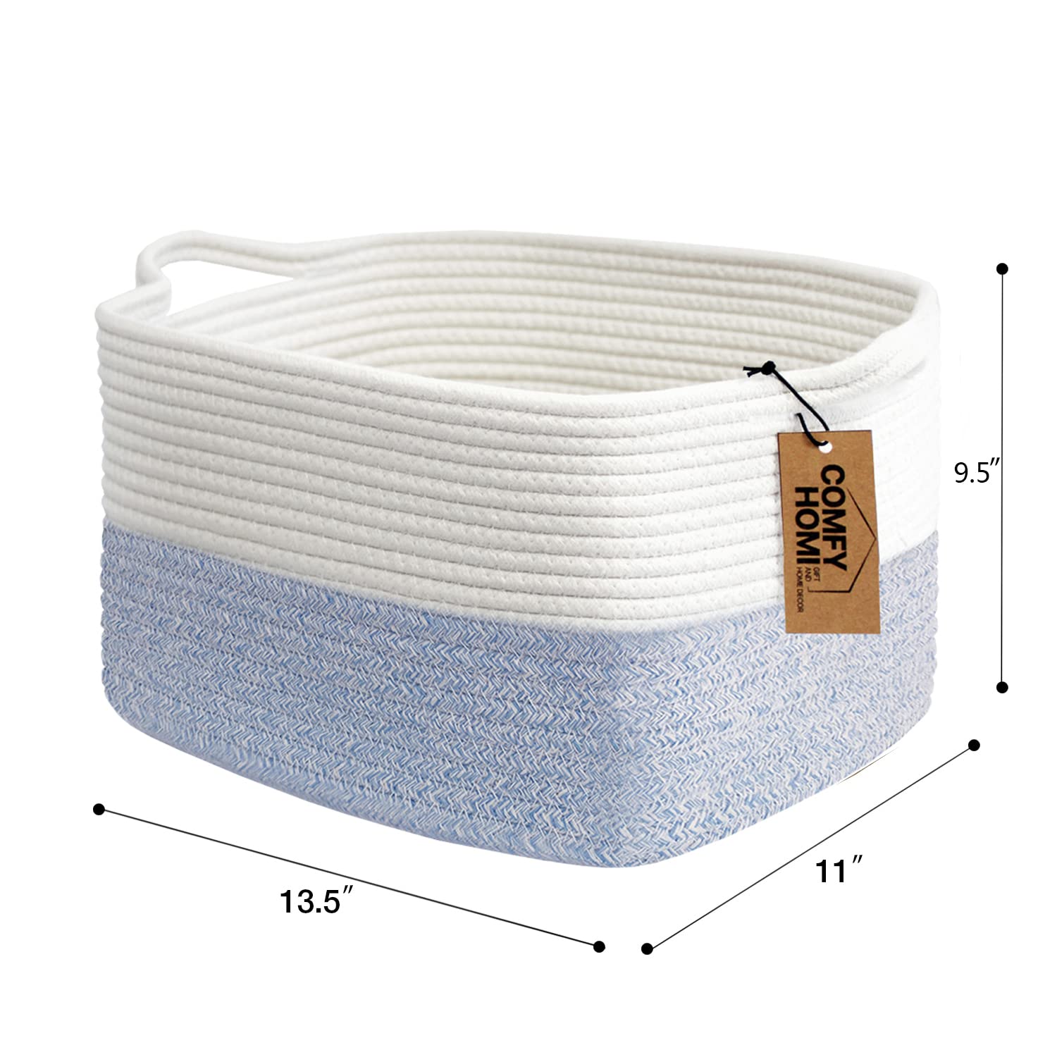 COMFY-HOMI Cotton Rope Woven Basket with Handles for shelf，Toy, Book, Cloth Storage Basket for Organizing-13.5X11X9.5 Storage Bin for Living Room, Newborn or Infant Gift for boy girl （White/blue）